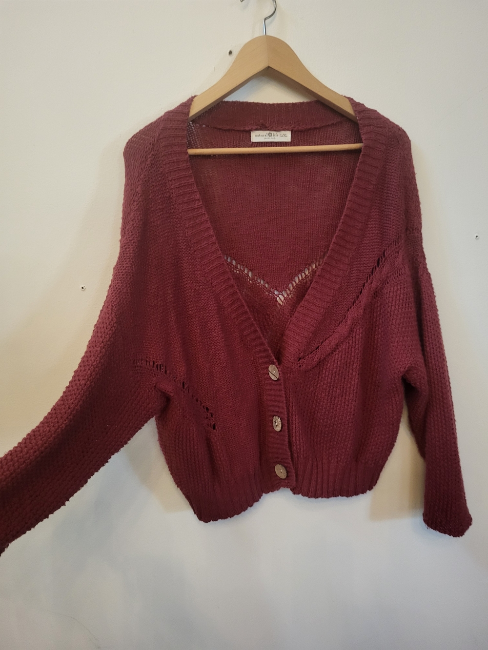 Natural Life Brand. Cotton Cable Open Knit V-Neck Cardigan- Rustic Red Color - Picture 4 of 6